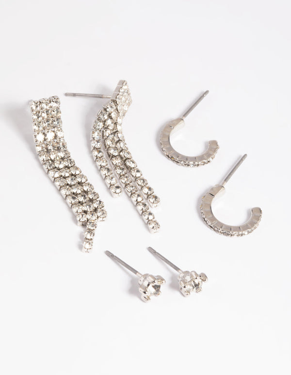Rhodium Diamante Stud and Hoop Earring Pack