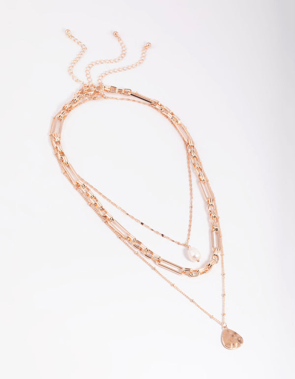 Rose Gold Multi Row Pearl and Coin Necklaces