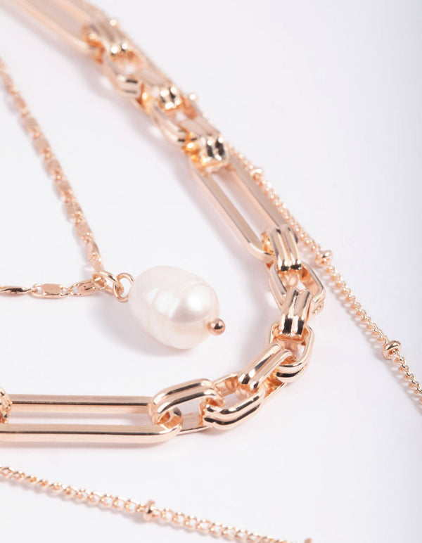 Rose Gold Multi Row Pearl and Coin Necklaces