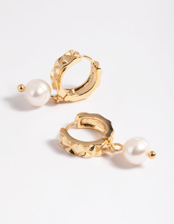 Gold Plated Fresh Water Pearl Diamond Huggie Earrings