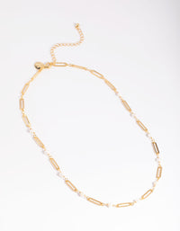 Gold Plated Fresh Water Pearl Oval Chain Link Necklace - link has visual effect only