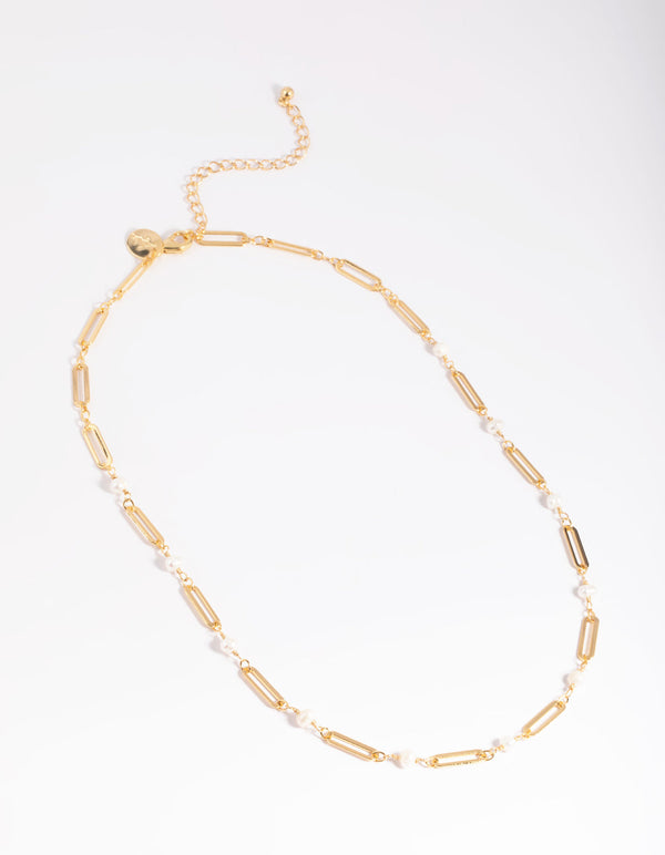 Gold Plated Fresh Water Pearl Oval Chain Link Necklace