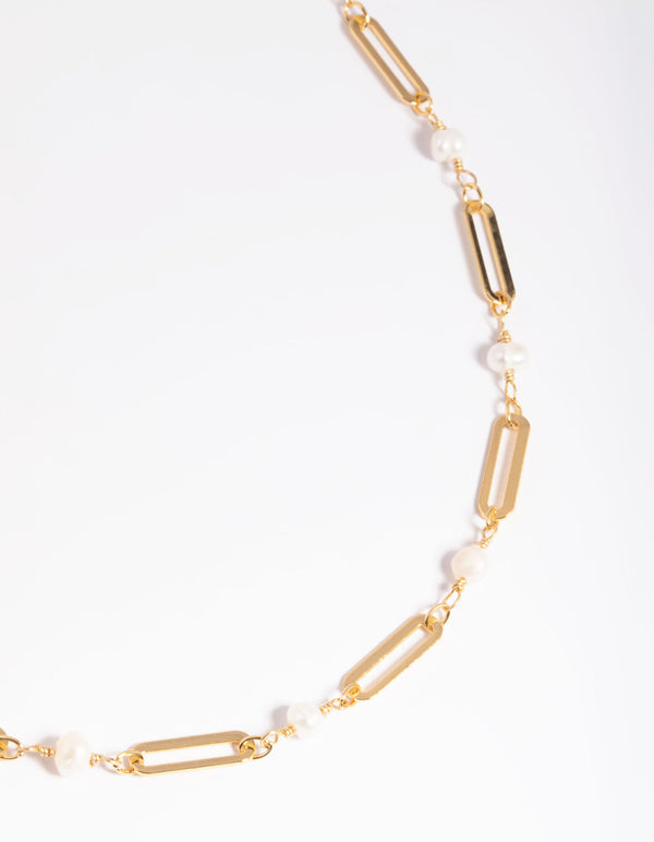Gold Plated Fresh Water Pearl Oval Chain Link Necklace