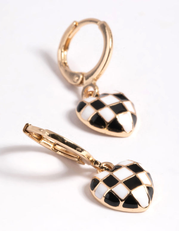 Gold Black and White Checkered Heart Huggie Earrings