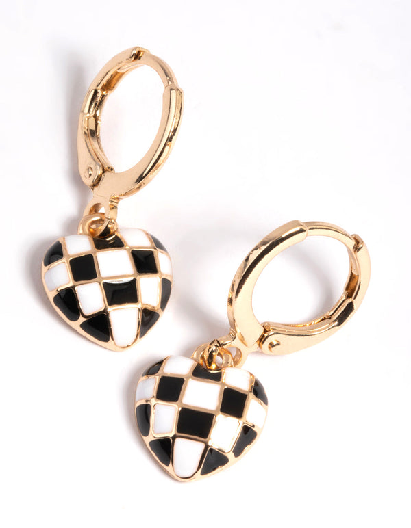 Gold Black and White Checkered Heart Huggie Earrings