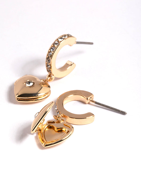 Gouden diamanten hartvormige medaillon Huggie hoepel oorbellen
