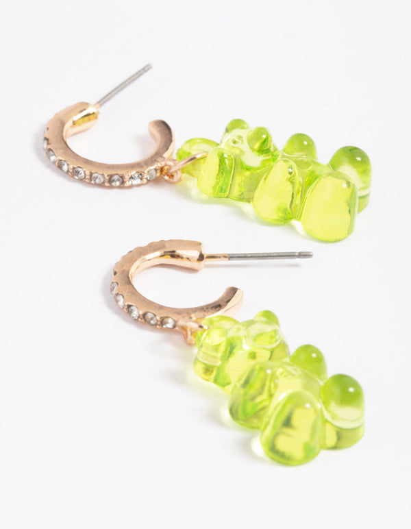 Gold Diamante Green Gummy Bear Earrings