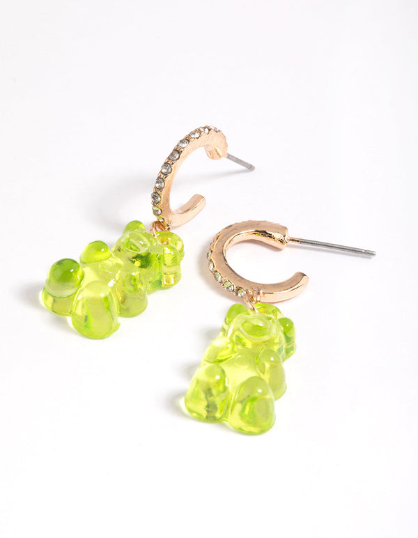 Gold Diamante Green Gummy Bear Earrings