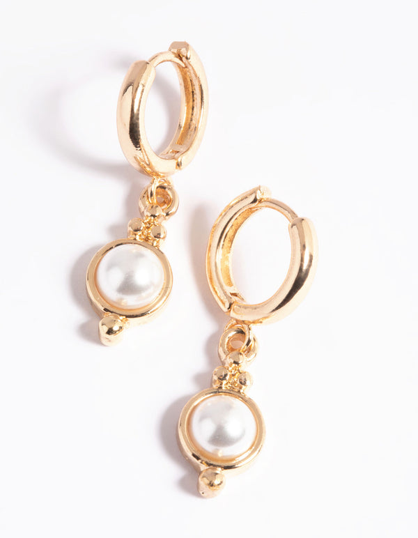 Gold Pearl Drop Huggie Earrings