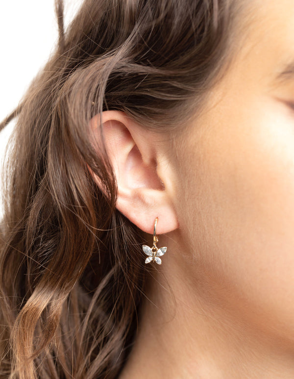 Gold Diamante Butterfly Charm Huggie Earrings