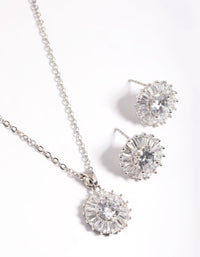 Rhodium Diamond Simulant Halo Studs and Necklace - link has visual effect only