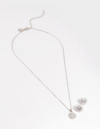 Rhodium Diamond Simulant Halo Studs and Necklace - link has visual effect only