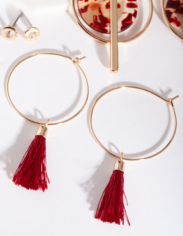 Mix of Red and Gold Acrylic and Tassel Hoop And Stud Earring 6 Pack
