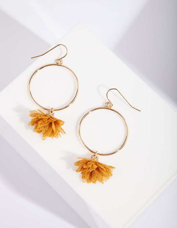 Gold Brown Flower Loop Earrings