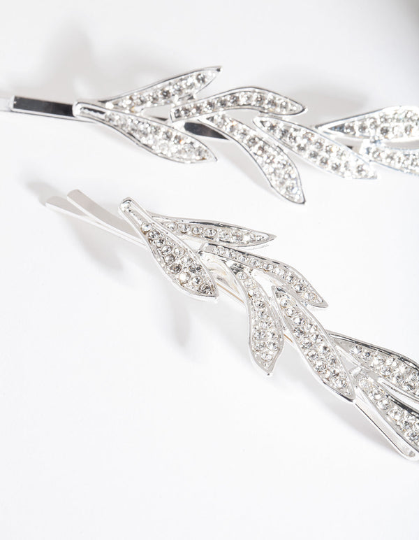 Silver Double Leaf Diamante Clip Pack