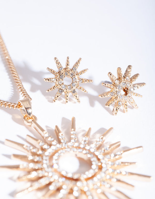 Gold Diamante Sun Earrings Necklace Set
