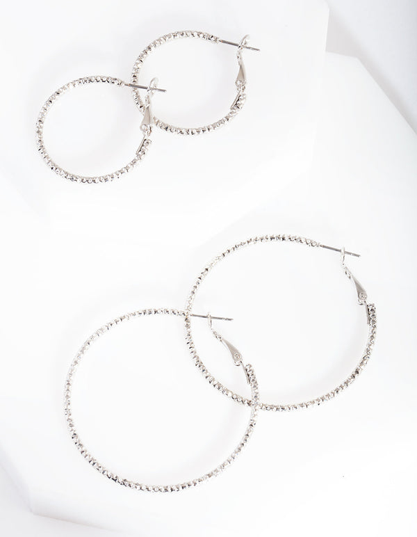 Rhodium Textured Hoop Earring 2 Pack