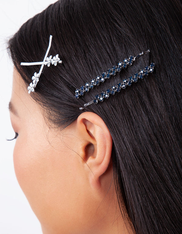 Deep Blue Diamante Zigzag Pins 4 Pack