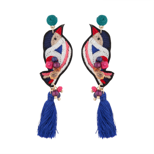 Embroidered Bird Tassel Earrings