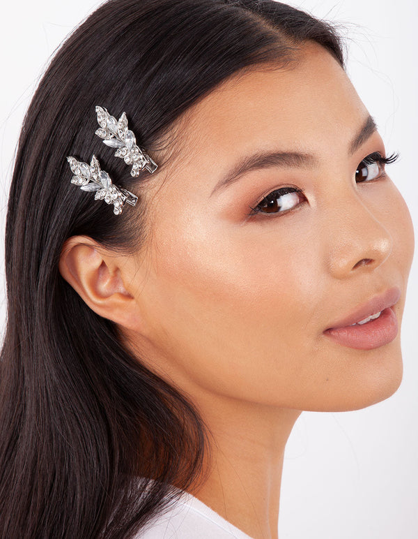 Rhodium Diamante Leaf Clip 2 Pack