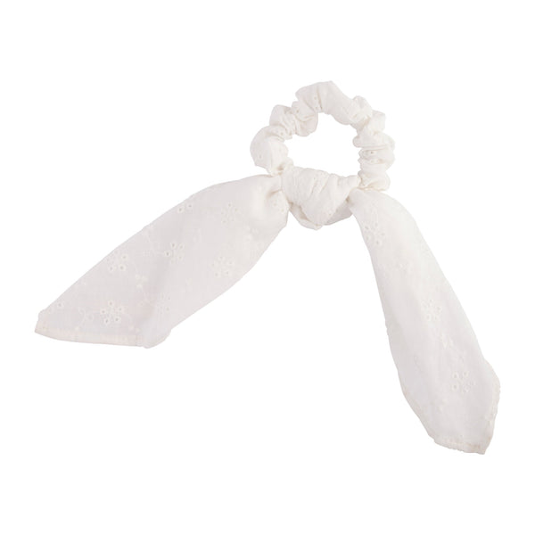 White Embroidered Scrunchie Bow