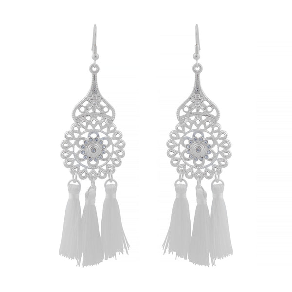 Silver Filigree And White Tassel Drop Earrings