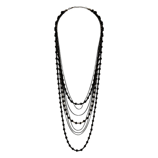 Layered Black Bead Lariat Necklace