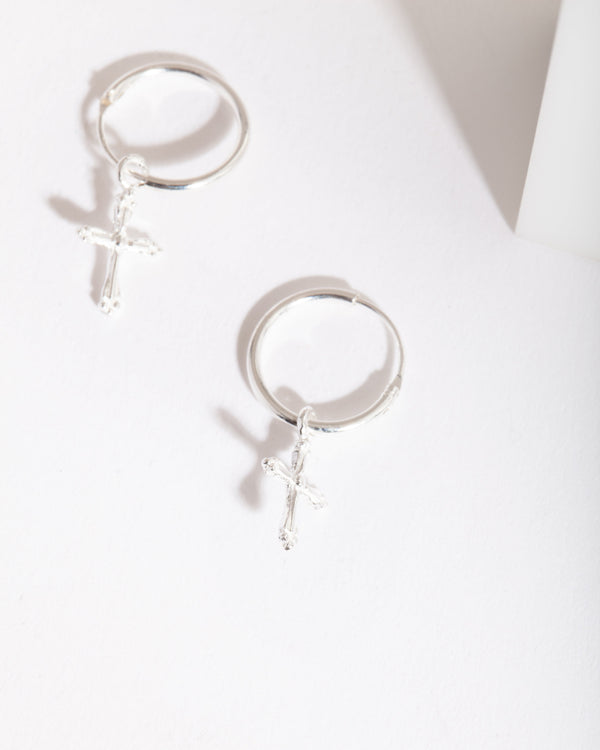 Sterling Silver Cross Hoop Earrings