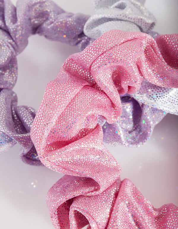 Kids Pink Purple Holographic Scrunchie Trio