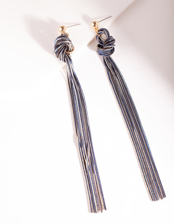 Gold and Dark Blue Metal Tassel Earrings