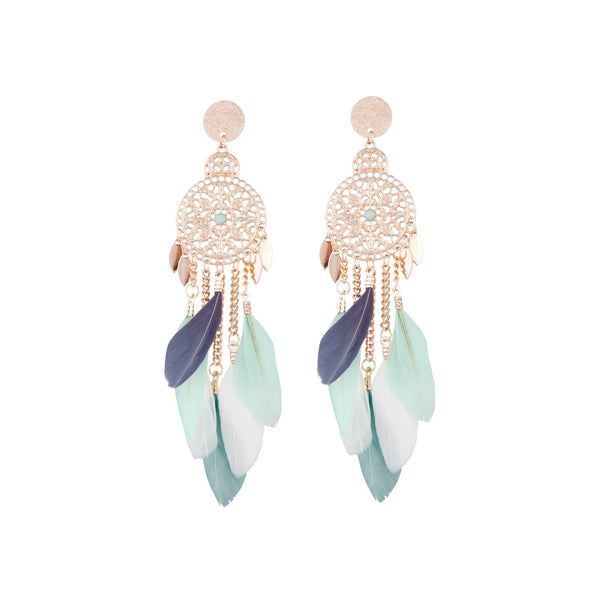 Mint White Rose Gold Filigree Cascade Feather Earrings