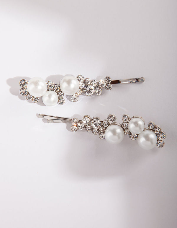 Silver Pearl Diamante Clip Duo