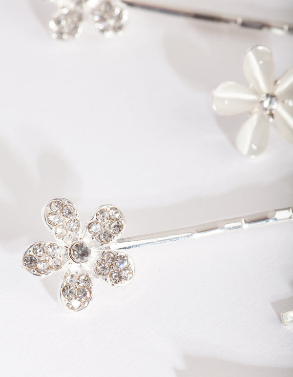 Silver Floral Stone Hair Clip Pack