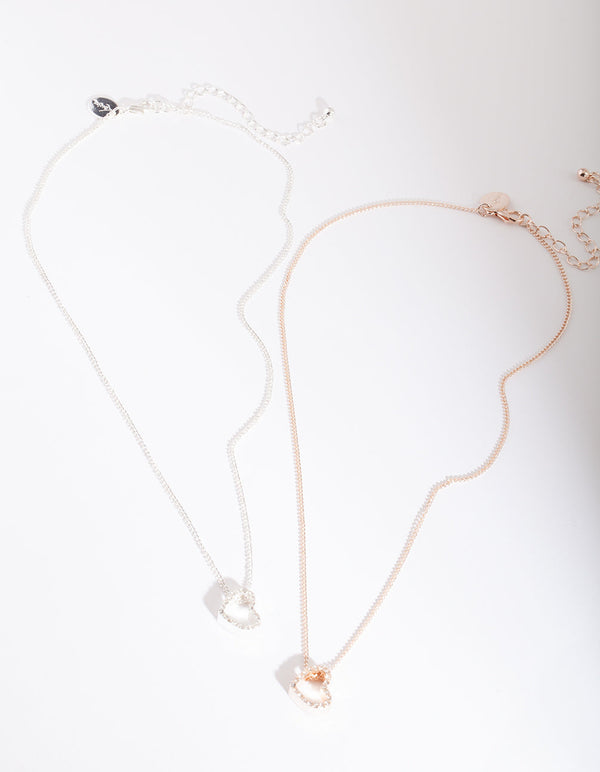 Mixed Metal Diamante Heart Necklace 2 Pack