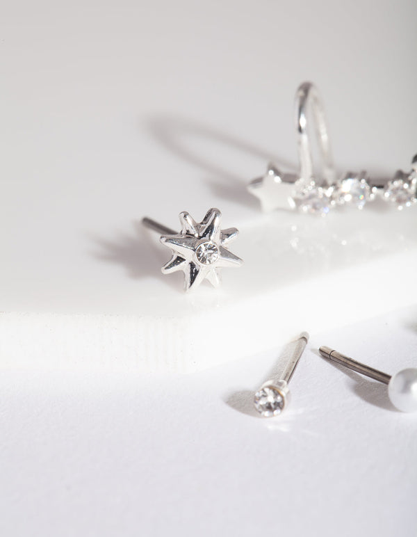 Silver Pearl Star Cluster Ear Pack