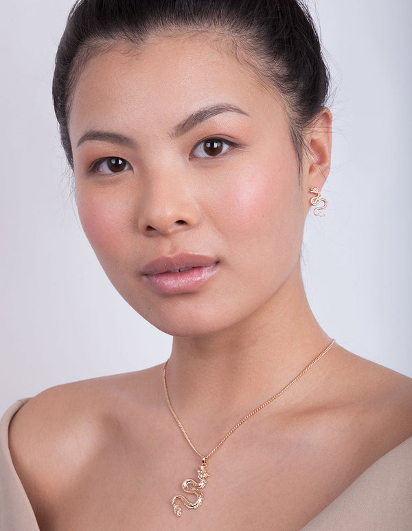 Gold Dragon Earrings Necklace Set