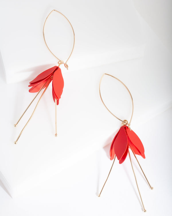 Red Gold Flower Drop Earrings