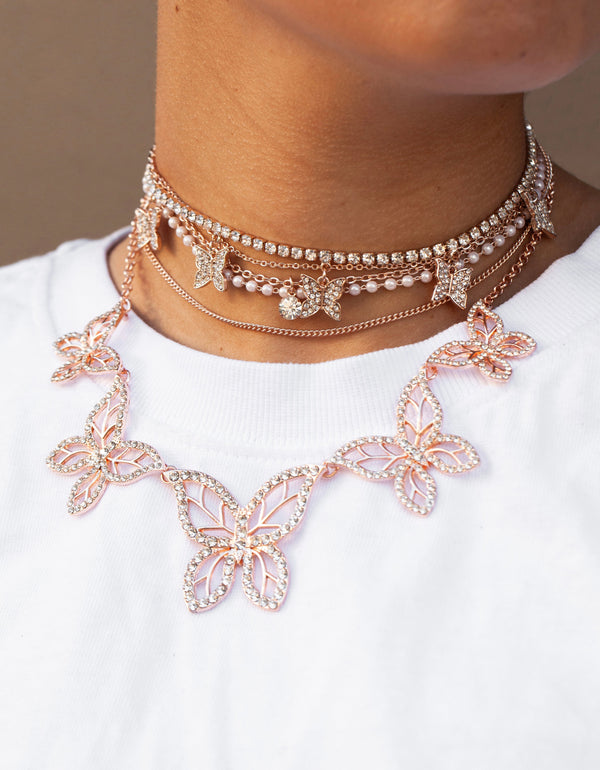 Rose Gold Butterfly Diamante Statement Necklace