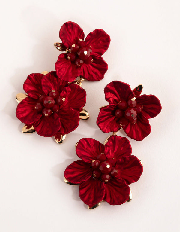 Red Large Pearl Flower Drop Earrings