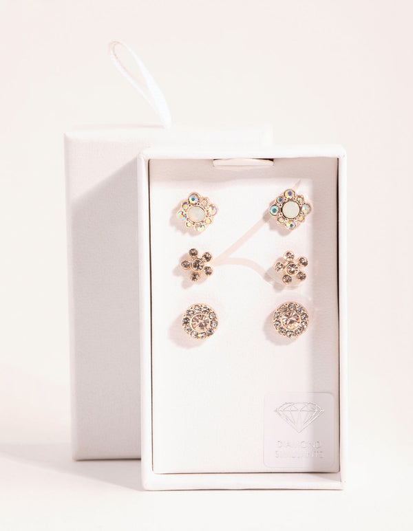 Rose Gold Diamond Simulant Silk Stud Earrings Set