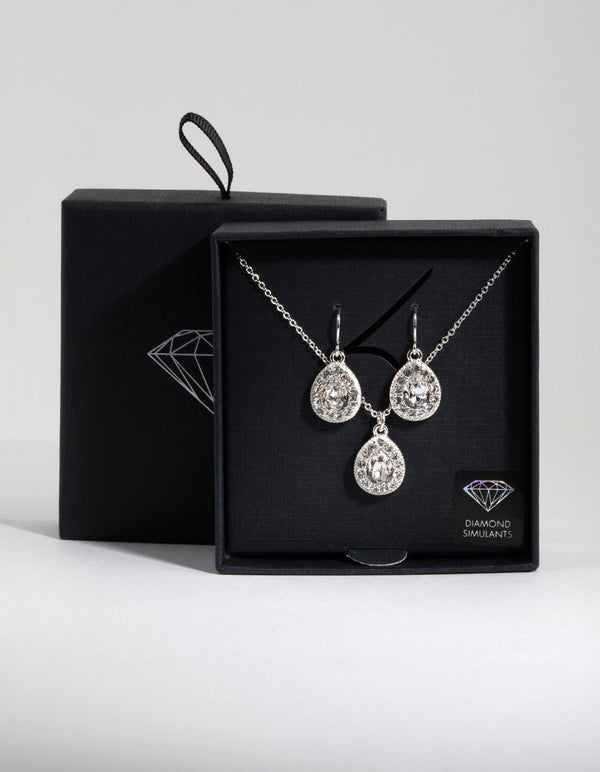 Diamond Simulant Teardrop Earrings and Necklace Set