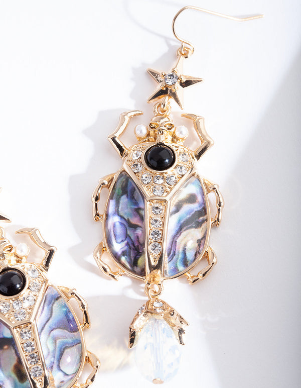 Gold Blue Swirl Beetle Earrings