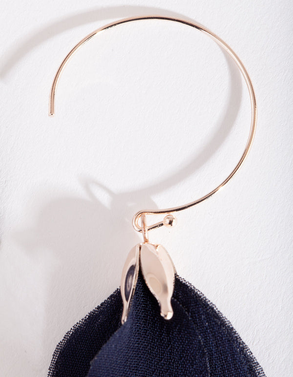 Navy Blue Fabric Flower Drop Earrings