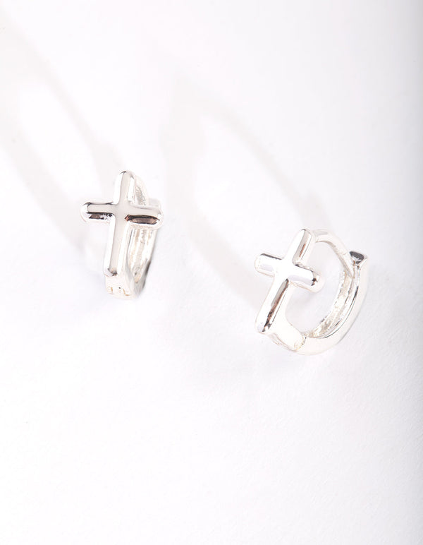 Silver Cross Huggie Earrings