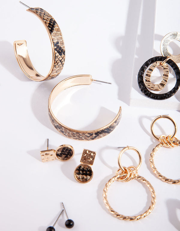Black Gold Snake Hoop Drop Earring 6 Pack