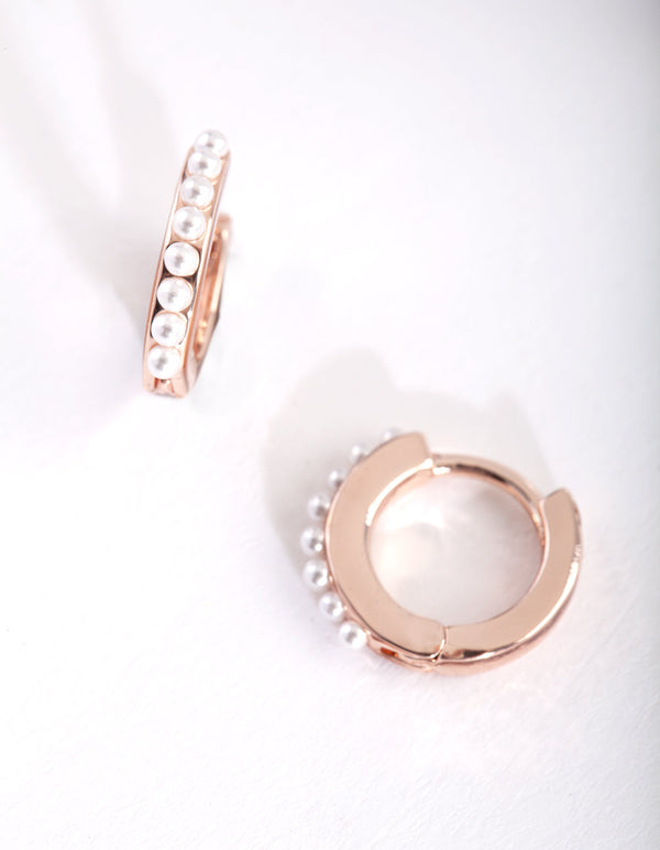 Rose Gold Pearl Huggie Earrings