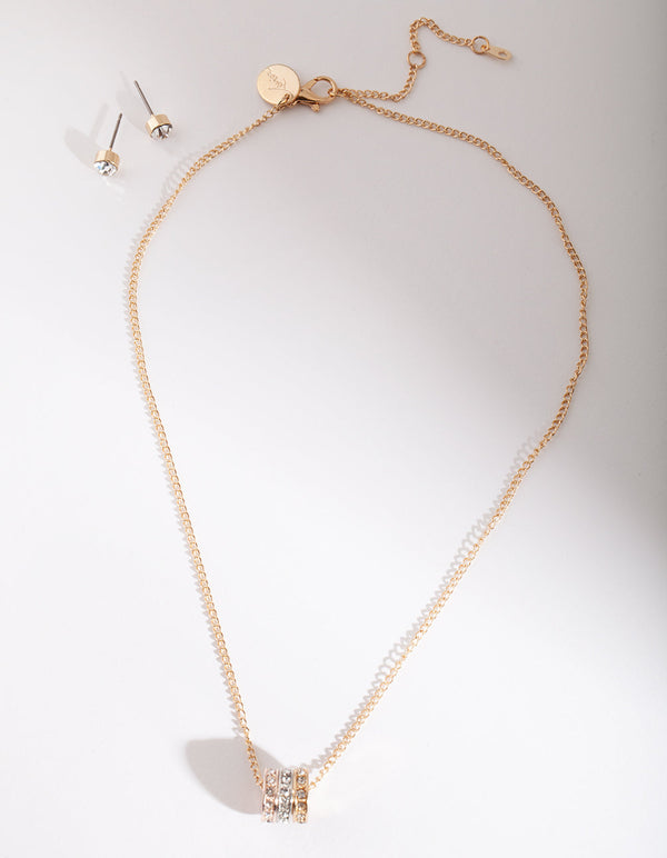 Gold Diamante Triple Ring Jewellery Set