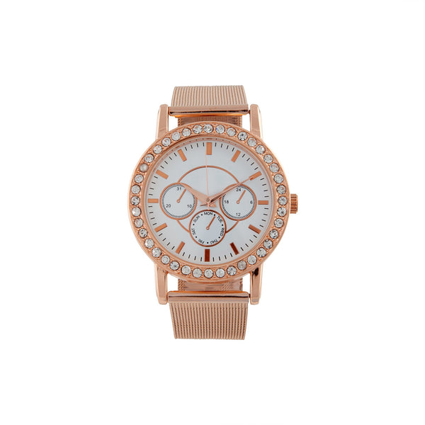 Rose Gold Diamante Surrounded Mesh Strap Watch