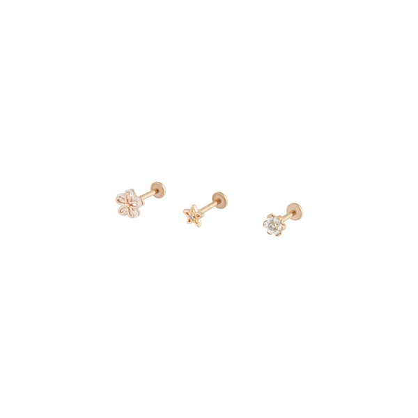 Rose Gold Surgical Steel Cubic Zirconia Flower Flat Back 3 Pack