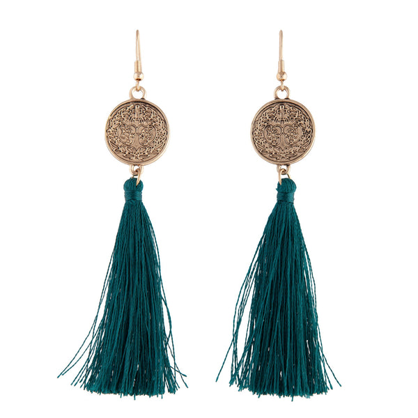 Green Antique Gold Etched Coin Tassel Earrings